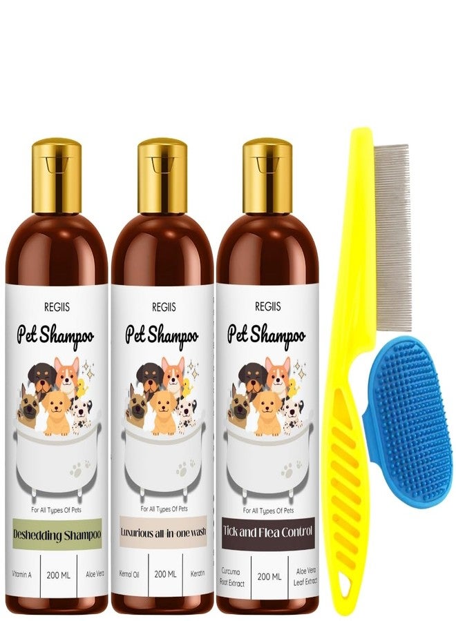 REGIIS Pet Shampoo Set for Dogs, 3 Pack with Deshedding, All-in-One Wash, Tick and Flea Control, 200ml Each, Includes Grooming Brush and Comb(5 Pack) - Image 1